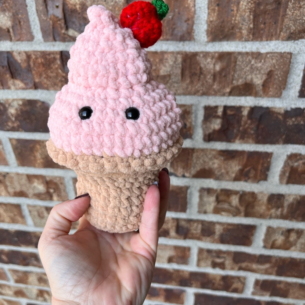 Plush Pink Ice Cream Cone Stuffed Toy with Red Cherry Accent